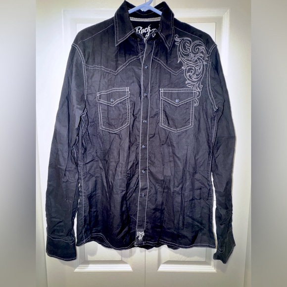 Wrangler Men's ROCK 47 Embroidered Yoke Black Ember Western Snap Shirt Sz M EUC - Picture 1 of 14